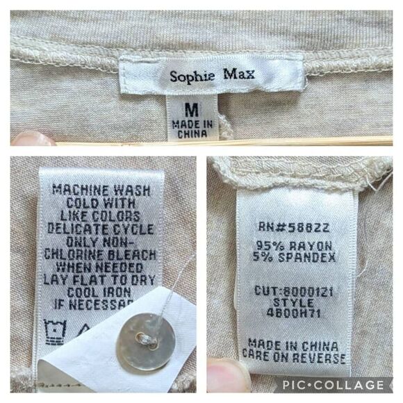 Sophie Max Tan Long Roll Tab Sleeves T-SHIRT V-neck Women Size M Relaxed Fit - Picture 6 of 6